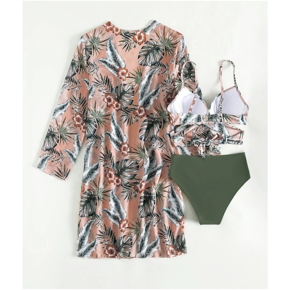 Floral Tropical Print Cut out High Waisted Bikini Kimono Beach - Picture 6 of 7